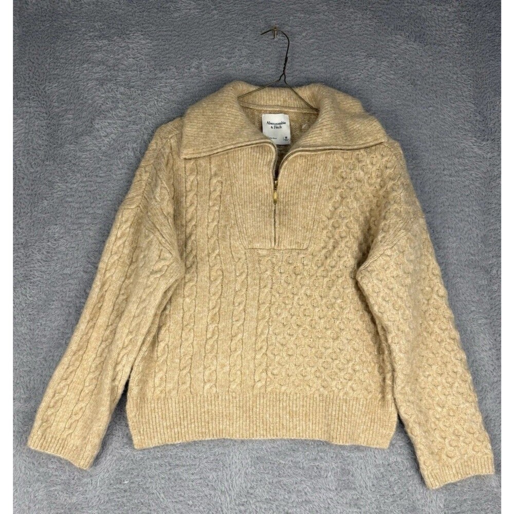 Abercrombie & Fitch Cable Knit Half Zip Sweater Womens M Tan Beige Pullover